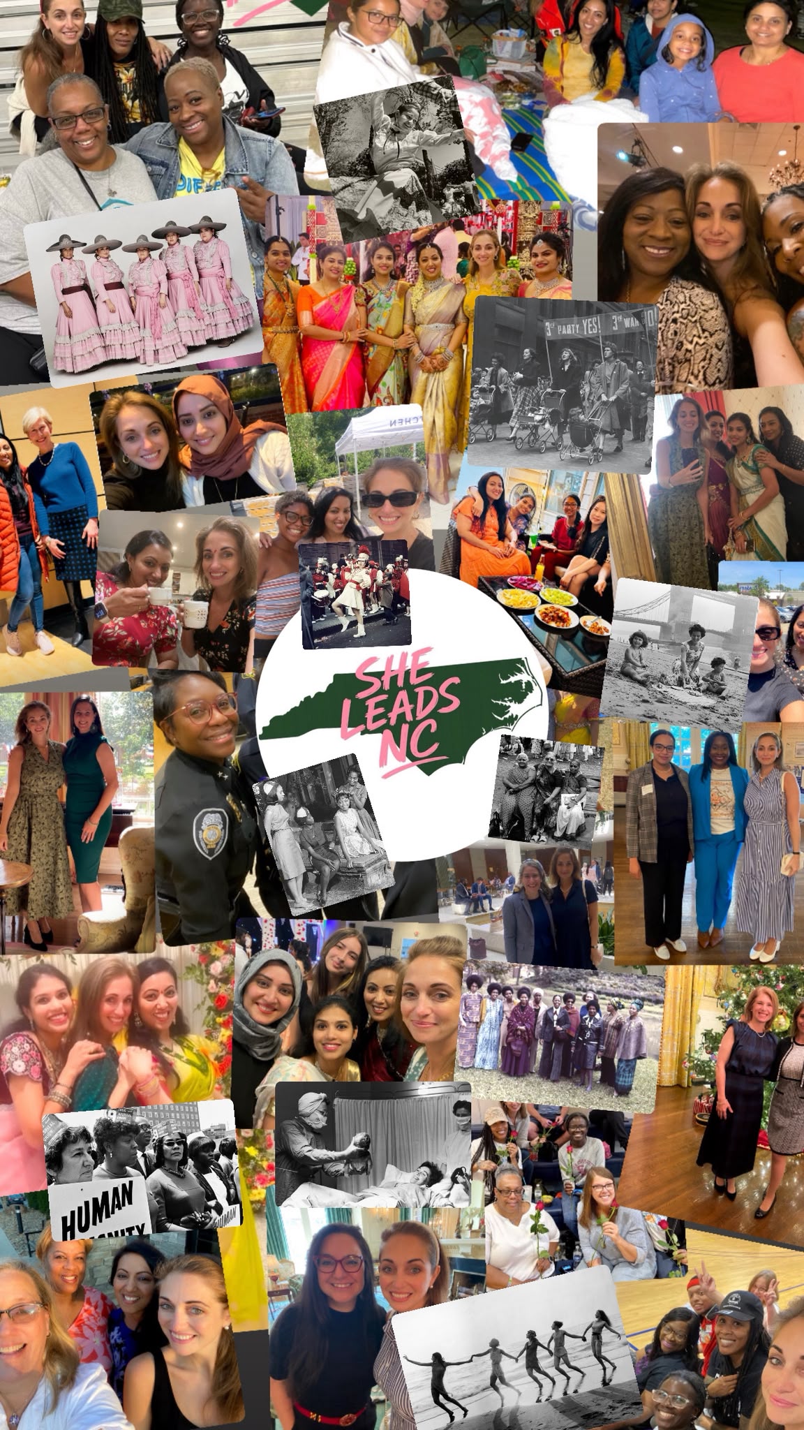 Collage of women from the SheLeadsNC community across North Carolina, gathered around the SheLeadsNC logo